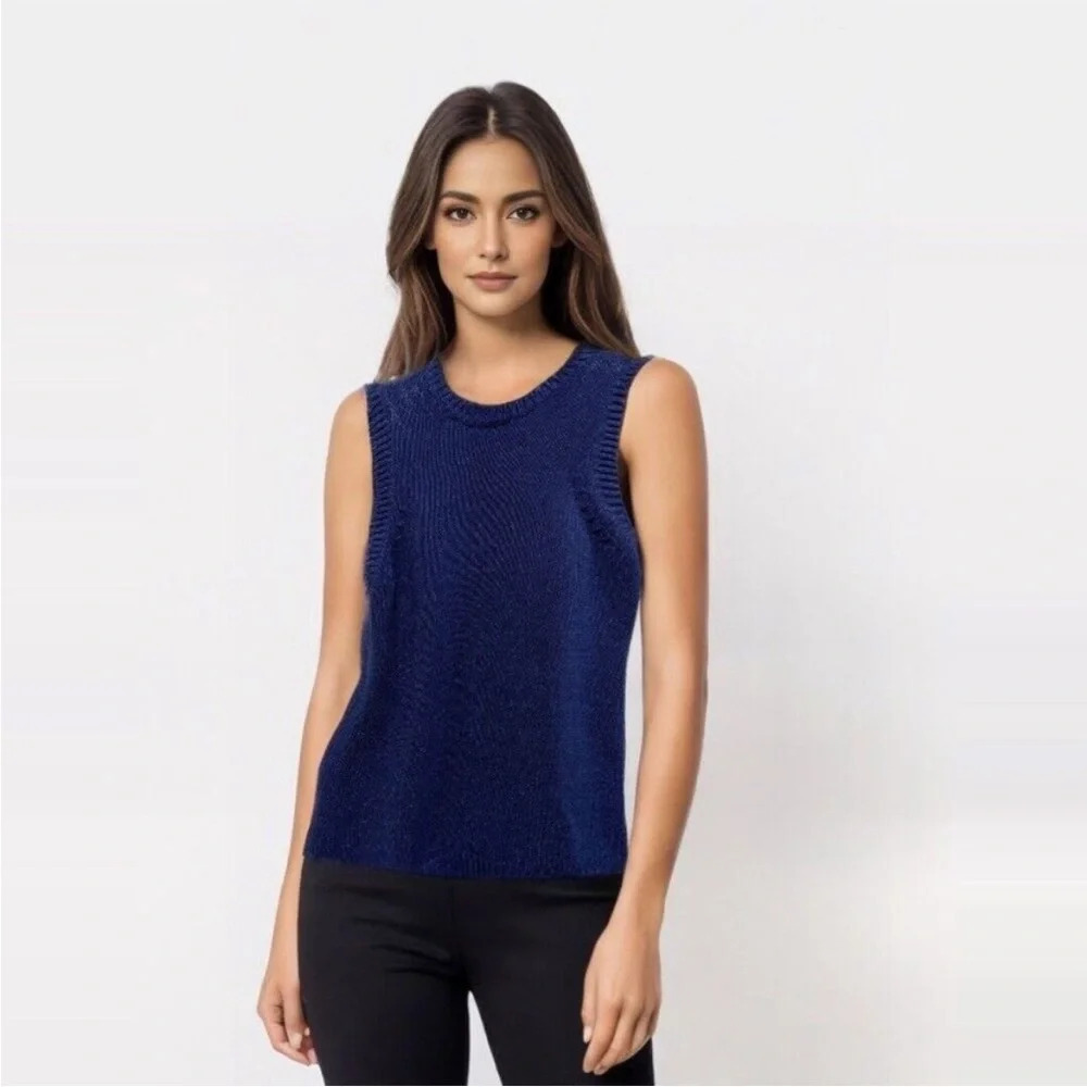 J‎ McLaughlin Sleeveless Sweater Vest Navy Blue Shimmer Cotton Blend Size XS